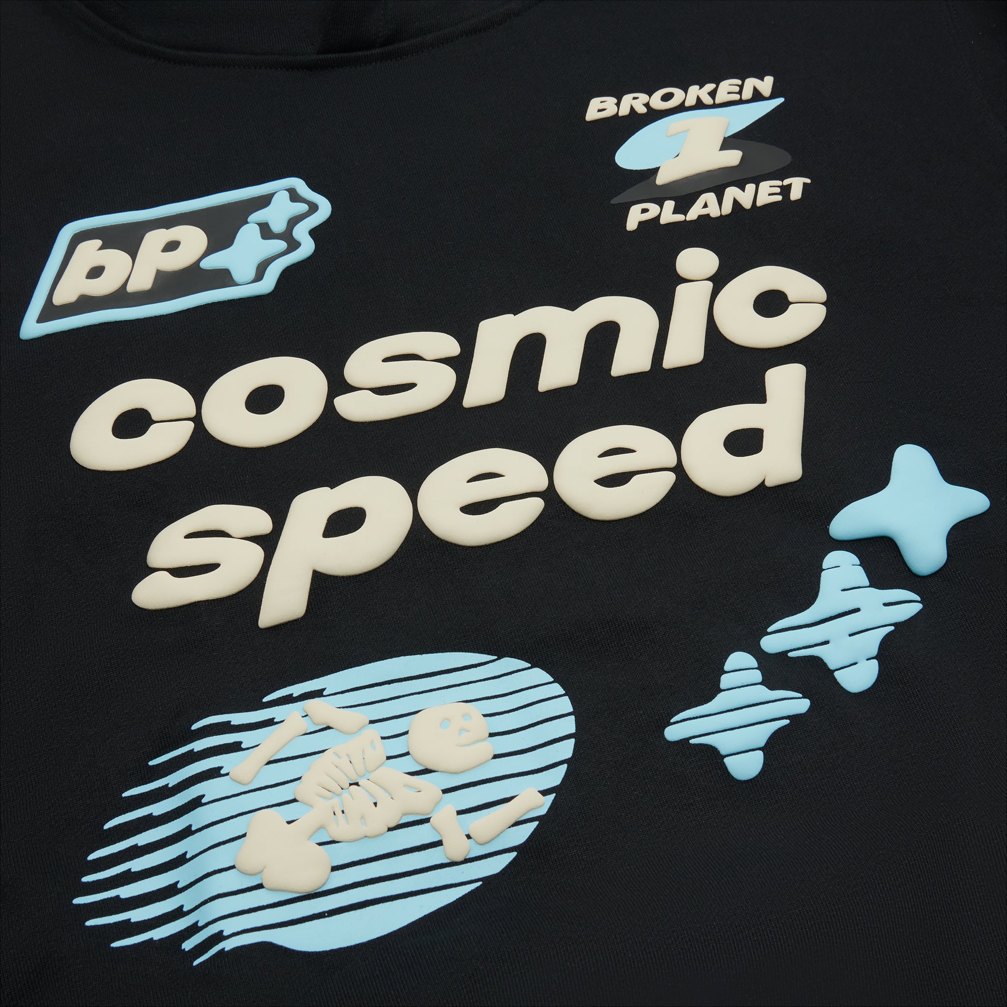 Chest view of Broken Planet Cosmic Speed Hoodie Midnight Black BP-CS-HD-M_BLACK